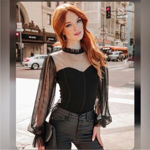 Vici Lynette Sheer Mesh Pearl Black Embellished Top